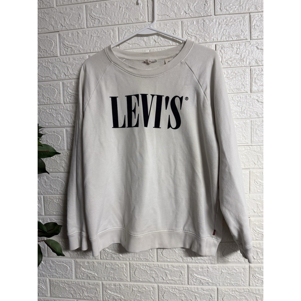 Levis White Sweatshirt Large Long Sleeve Pullover Logo Crew Neck Raglan L